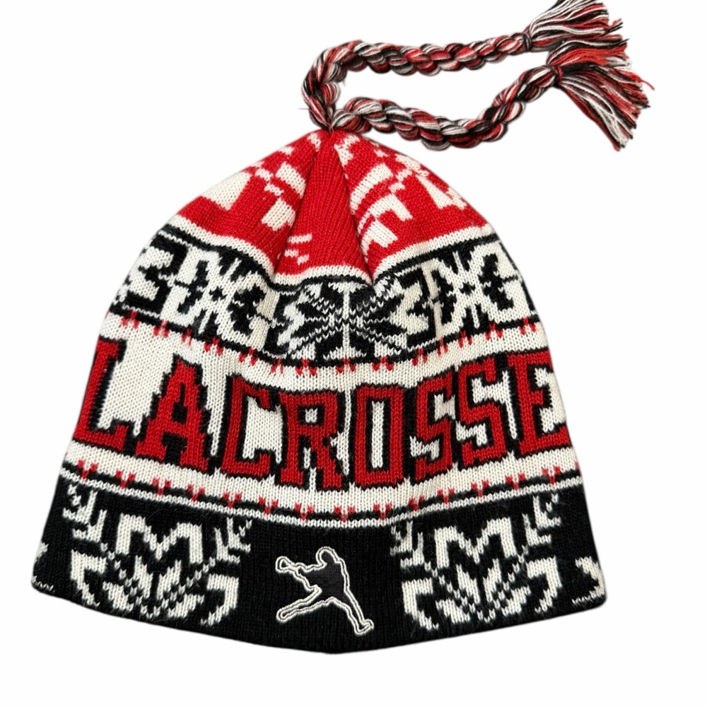 Lacrosse Beanie Hat Mens One Size Red Black Fair Isle Knit Winter Tassel